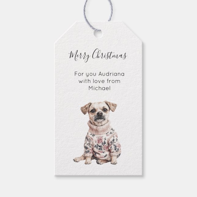 Hund Rosa Blommig Jul  Presentetikett (Framsidan)