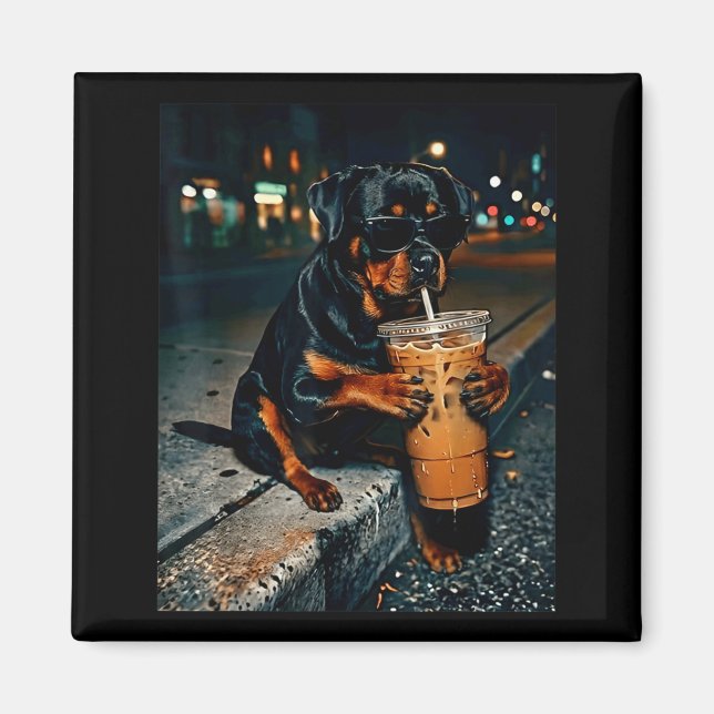 Hund rottweiler dricker iskaffe rolig djur magnet (Framsidan)