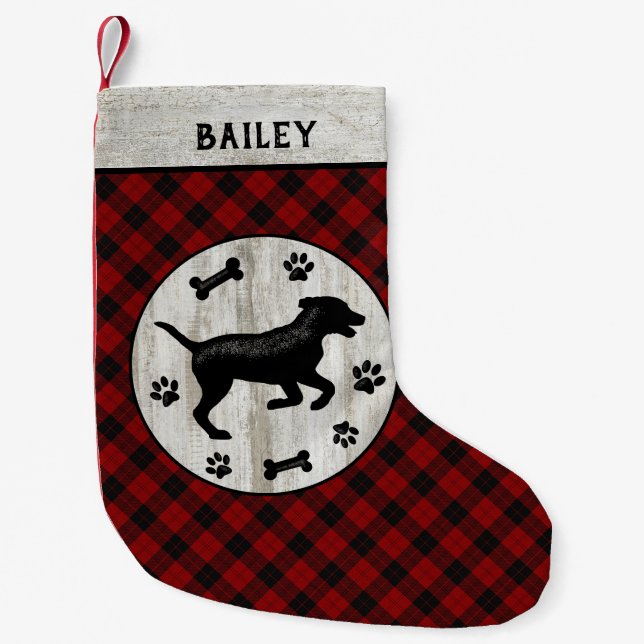 Hund Rustic Farmhouse Checker Red Plaid Wood Liten Julstrumpa (Framsidan)