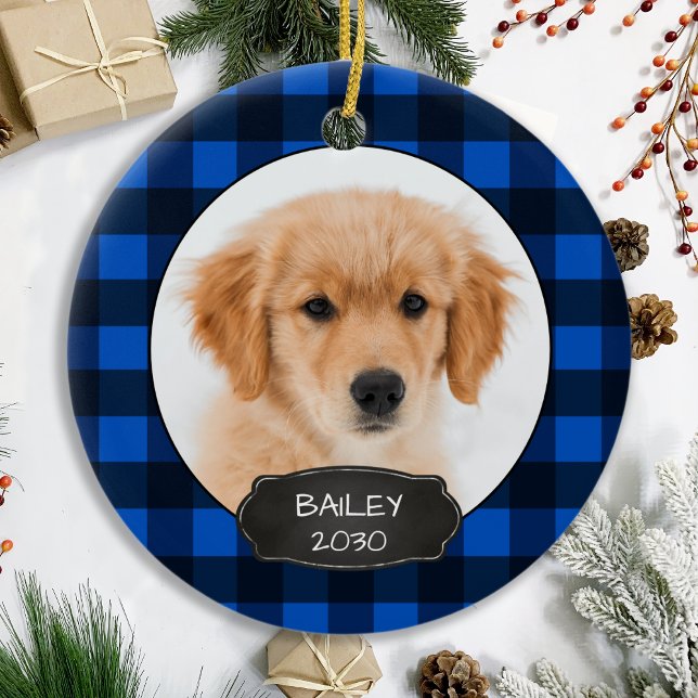 Hund Rustic jul Blue Play Puppy Pet Photo Ce Julgransprydnad Keramik (Skapare uppladdad)