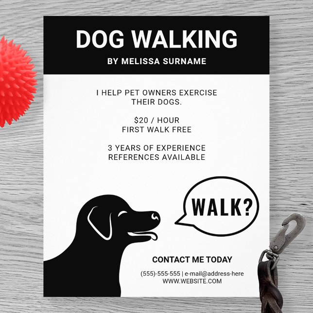Hund säger promenad? - Svart-vit hundpromenad Flygblad (Skapare uppladdad)