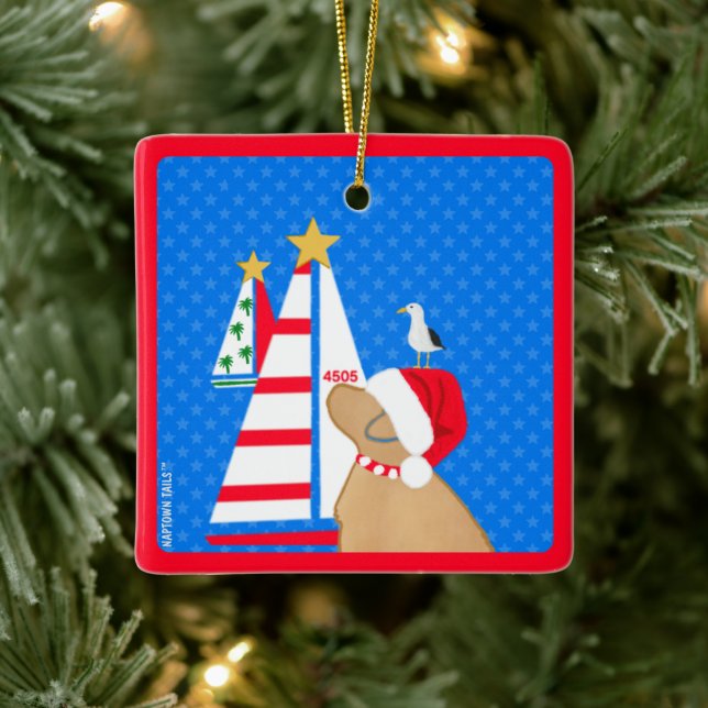 Hund Sailing Santa Gult and Bird Friend jul Julgransprydnad Keramik (Träd)