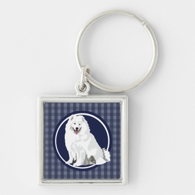 Hund Samoyed Fyrkantig Silverfärgad Nyckelring (Framsidan)