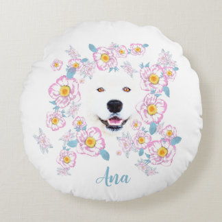 Hund Samoyed och rosa blommor, anpassat namn Rund Kudde