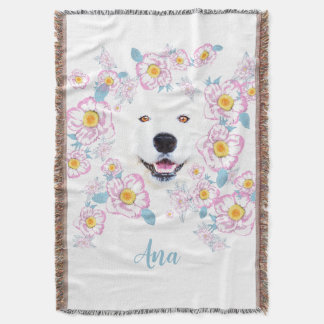 Hund Samoyed och rosa blommor Filt