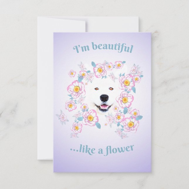 Hund Samoyed och rosa blommor Platt välkomstkort Kort (Framsida)