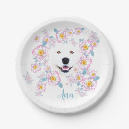 Hund Samoyed och rosa-blommor, skräddarsydda namn