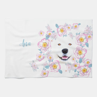 Hund Samoyed och rosa-blommor, skräddarsydda namn Kökshandduk
