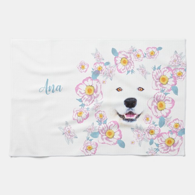 Hund Samoyed och rosa-blommor, skräddarsydda namn Kökshandduk (Horisontell)