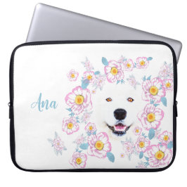 Hund Samoyed och rosa-blommor, skräddarsydda namn Laptop Fodral