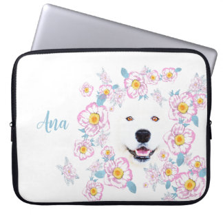 Hund Samoyed och rosa-blommor, skräddarsydda namn Laptop Fodral