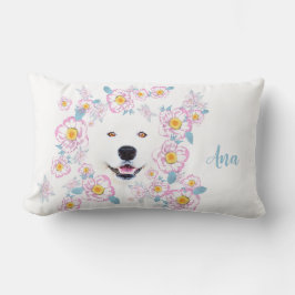 Hund Samoyed och rosa-blommor, skräddarsydda namn Lumbarkudde