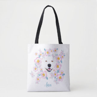 Hund Samoyed och rosa-blommor, skräddarsydda namn Tygkasse