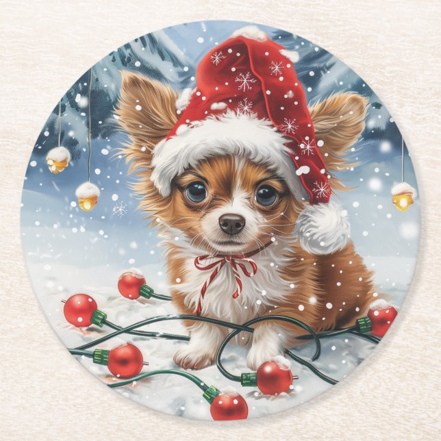 Hund Santa Chihuahua Santa Underlägg Papper Rund (Framsidan)