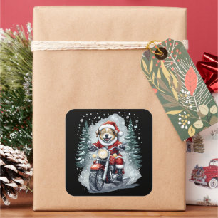 Hund Santa Motorcykel Svart Bakgrund Fyrkantigt Klistermärke
