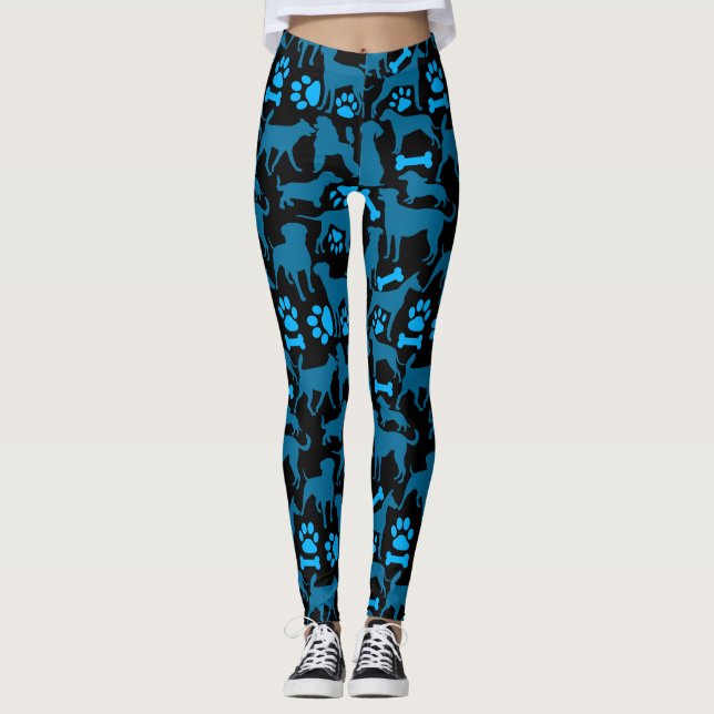 Hund silhouette Mönster.Blue.04 Black BG Leggings (Framsida)