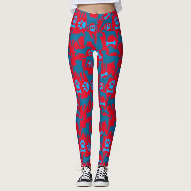 Hund silhouette Mönster.Blue.04 Red BG Leggings (Framsida)