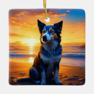 Hund sitta vid havsstranden vid solnedgång julgransprydnad keramik