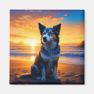Hund sitta vid havsstranden vid solnedgång magnet