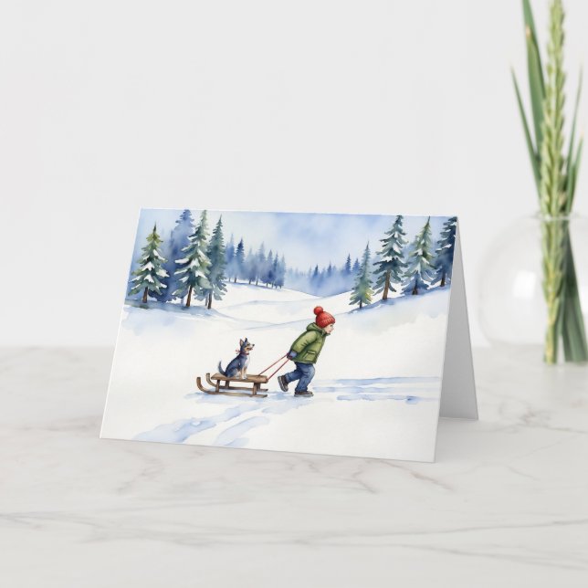 Hund Sled Watercolor-julvinter Kort (Framsida)