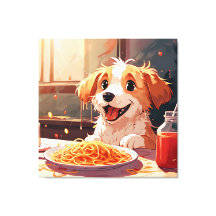 Hund som äter spaghetti