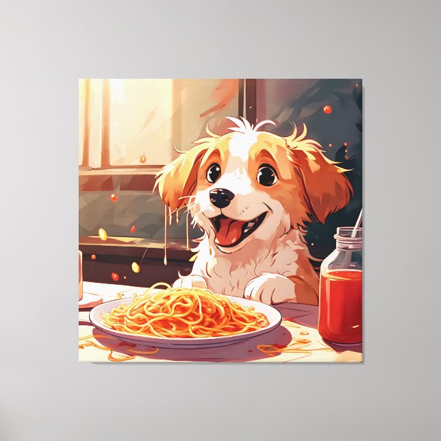 Hund som äter spaghetti canvastryck (Framsida)