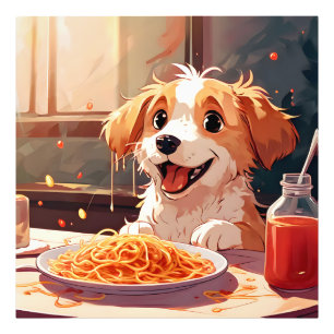 Hund som äter spaghetti fototryck