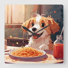 Hund som äter spaghetti fyrkantig klocka