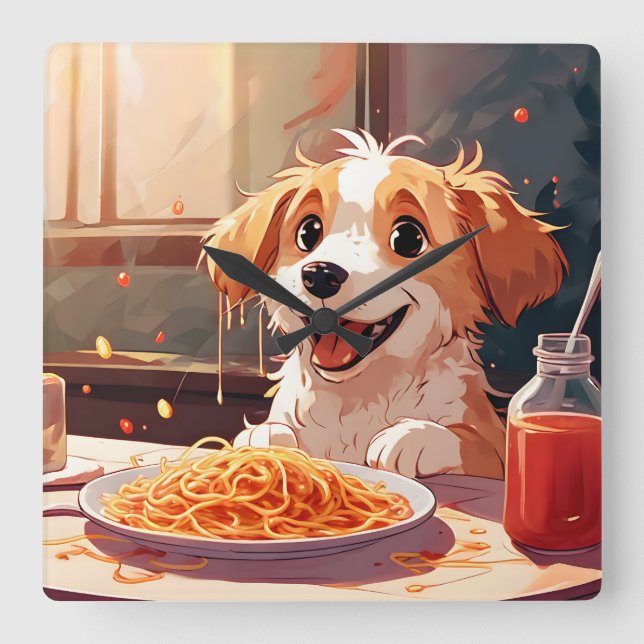 Hund som äter spaghetti fyrkantig klocka (Framsida)
