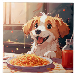 Hund som äter spaghetti kakelplatta