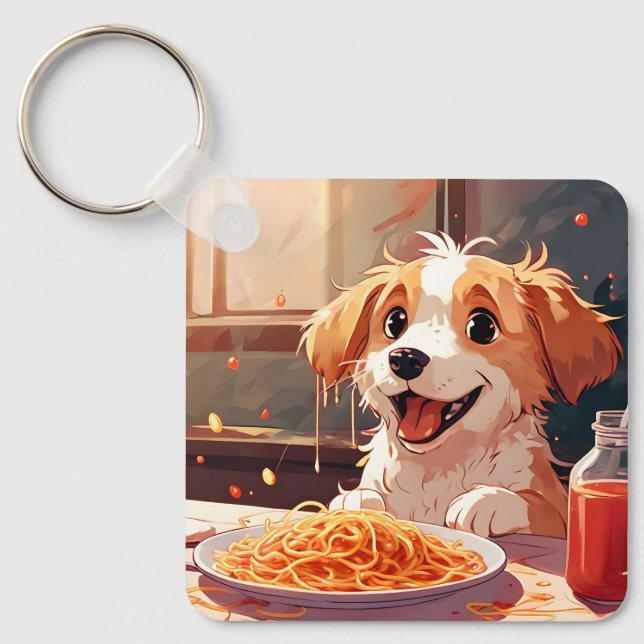 Hund som äter spaghetti nyckelring (Framsida)