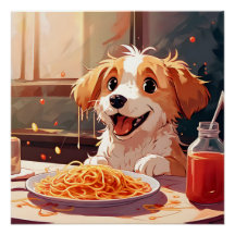 Hund som äter spaghetti