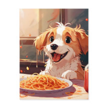 Hund som äter spaghetti