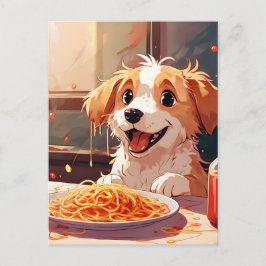 Hund som äter spaghetti vykort