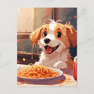 Hund som äter spaghetti vykort