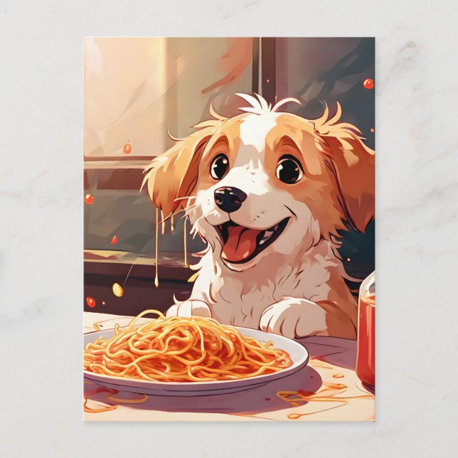 Hund som äter spaghetti vykort (Framsida)