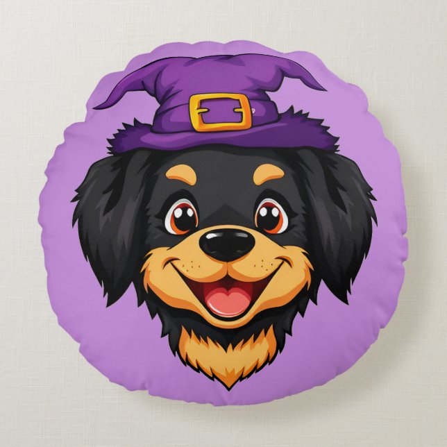 Hund som bär häxhatt Whimsical Halloween-dekoratio Rund Kudde (Framsidan)