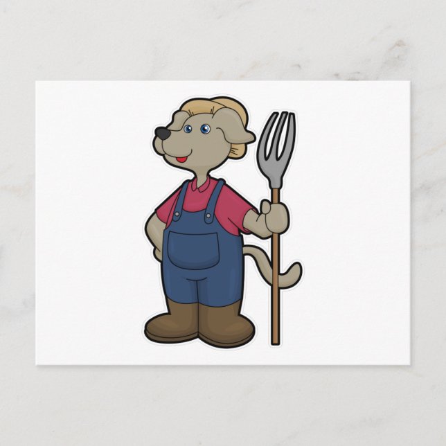 Hund som bonde med kratta och hatt vykort (Framsida)