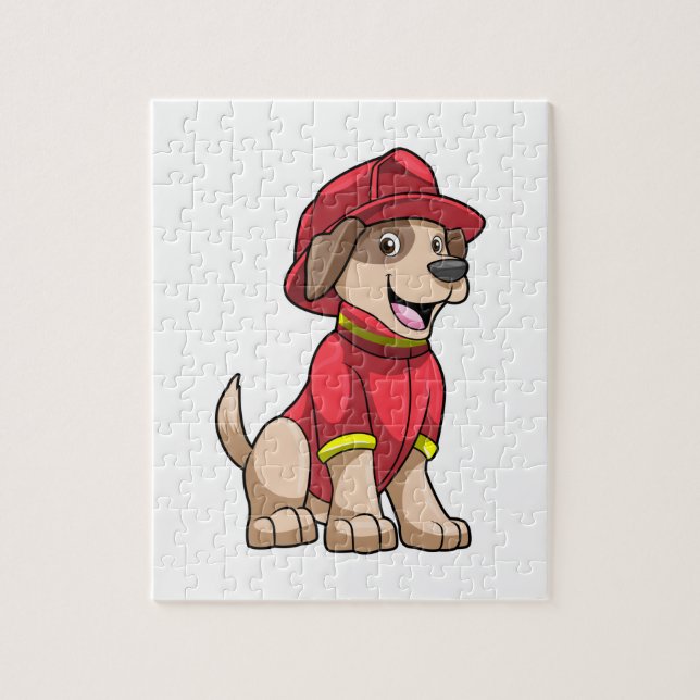 Hund som brandman med brandhjälm pussel (Vertikal)