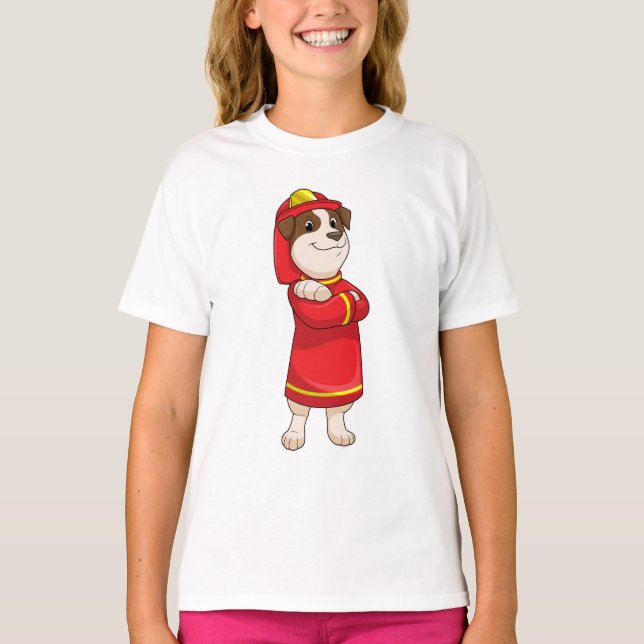 Hund som brandman med Helmet T Shirt (Framsida)