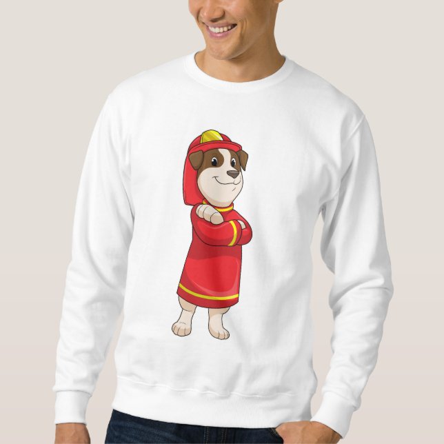 Hund som brandman med hjälm lång ärmad tröja (Framsida)