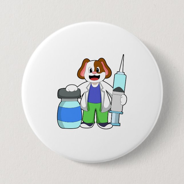 Hund som Doktor med sprutan Knapp (Framsida)