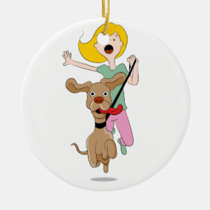 Hund som drar kvinnatecknaden julgransprydnad keramik