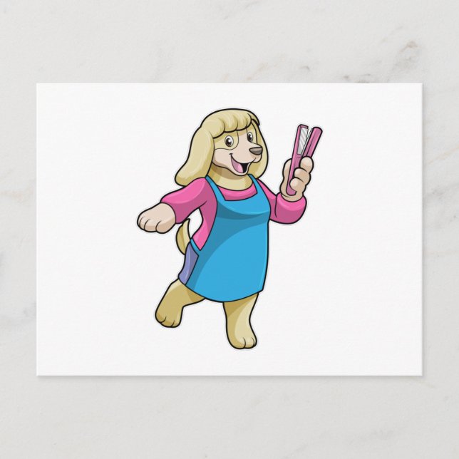 Hund som frisör med kam vykort (Framsida)