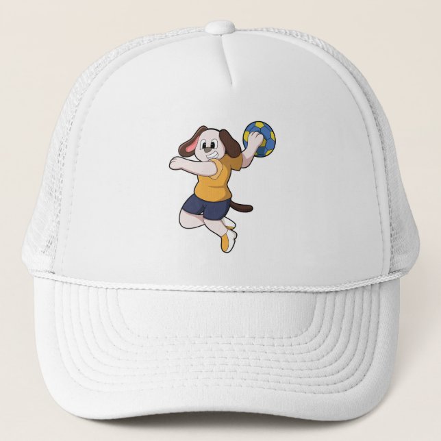 Hund som handbollsspelare med handboll keps (Framsida)