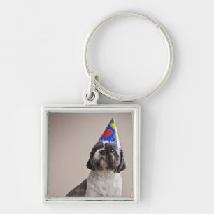 Hund som har födelsedag fyrkantig silverfärgad nyckelring