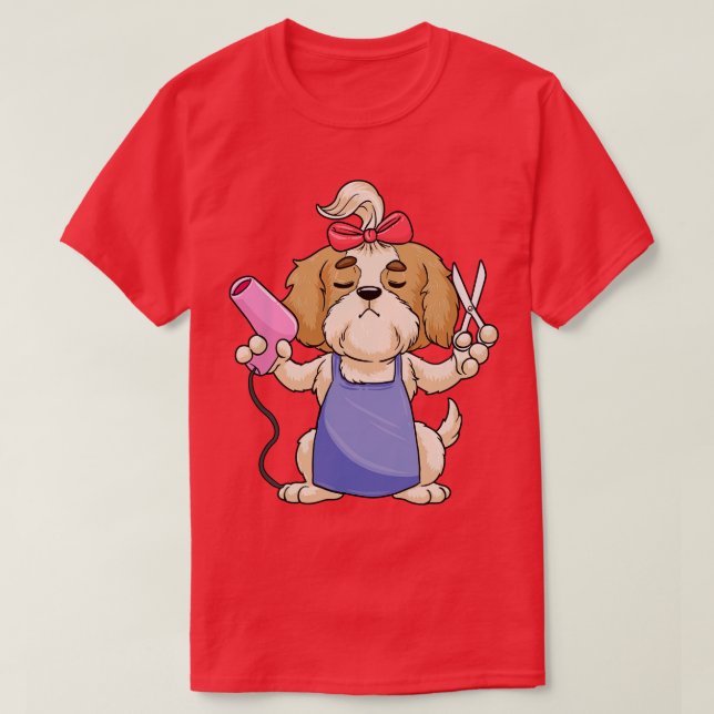 Hund som hårfrisör med sax och hårtork t shirt (Design framsida)