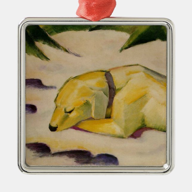 Hund som Ljuger i Snö (av Franz Marc) Julgransprydnad Metall (Framsidan)
