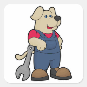 Hund som Mechanic med Wrench Fyrkantigt Klistermärke