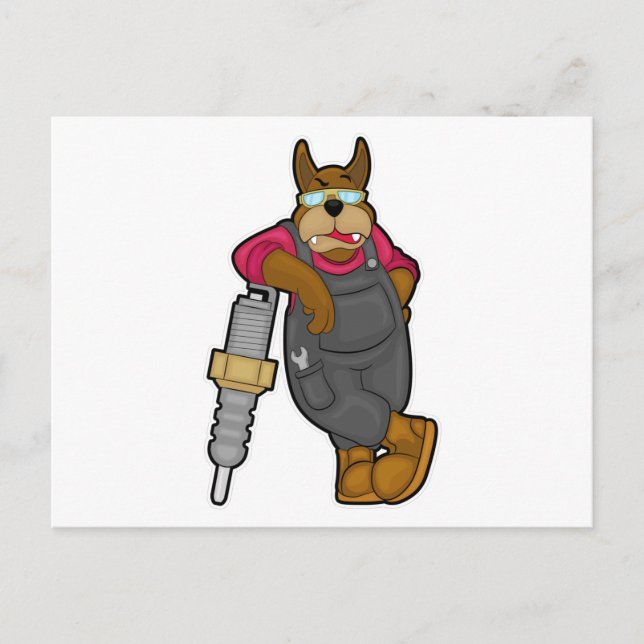 Hund som mekaniker med tändstift vykort (Framsida)